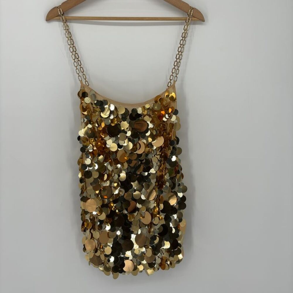 naked wardrobe Gold Sequin Mini Dress with Chain Straps